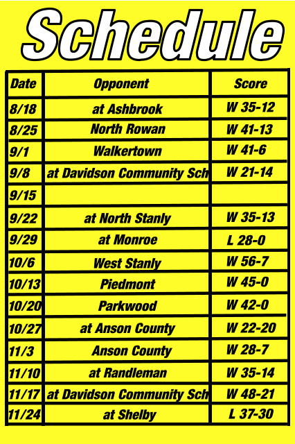Date Opponent Score Schedule at Ashbrook North Rowan Walkertown at Davidson Community Sch West Stanly at Monroe Piedmont Parkwood at Anson County at North Stanly   Anson County at Randleman at Davidson Community Sch 8/18 8/25 9/1 9/8 9/15 9/22 9/29 10/6 10/13 10/20 10/27 11/3 11/10 11/17 W 35-12 W 41-13 W 41-6 W 21-14 W 35-13 L 28-0 W 56-7 W 45-0  W 42-0 W 22-20 W 28-7  W 35-14  W 48-21 11/24 at Shelby L 37-30