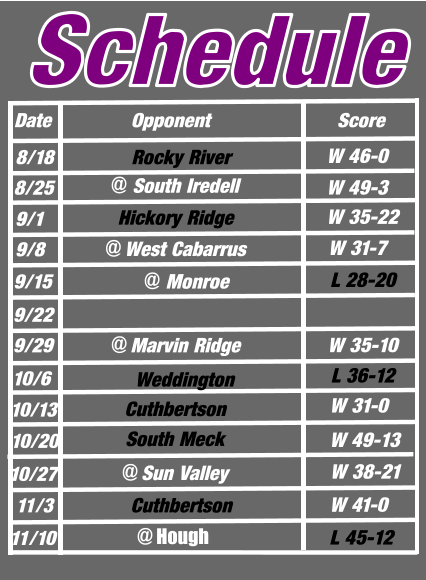 Date Opponent Score Schedule 8/18 8/25	 9/1 9/8 9/15 9/22 9/29 10/6 10/13 10/20 10/27   Rocky River @ South Iredell Hickory Ridge       @ Monroe    Weddington @ Marvin Ridge @ Sun Valley @ West Cabarrus Cuthbertson South Meck W 46-0 W 49-3 W 35-22 W 31-7 L 28-20 W 35-10 L 36-12 W 31-0  W 49-13 W 38-21  11/3  Cuthbertson 11/10 W 41-0 @ Hough L 45-12