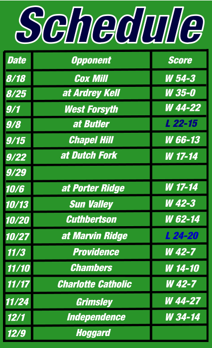 Date Opponent Score Schedule at Ardrey Kell West Forsyth at Butler  at Porter Ridge Sun Valley   at Marvin Ridge Cuthbertson Chapel Hill at Dutch Fork   Cox Mill    Providence Chambers   Charlotte Catholic 8/18 8/25 9/1 9/8 9/15 9/22 9/29 10/6 10/13 10/20 10/27 11/3 11/10 11/24 12/1 12/9 11/17 W 54-3 W 35-0 W 44-22 L 22-15 W 66-13 W 17-14 W 17-14 W 42-3  W 62-14 L 24-20  W 42-7  W 14-10  W 42-7 Grimsley W 44-27 Independence W 34-14  Hoggard